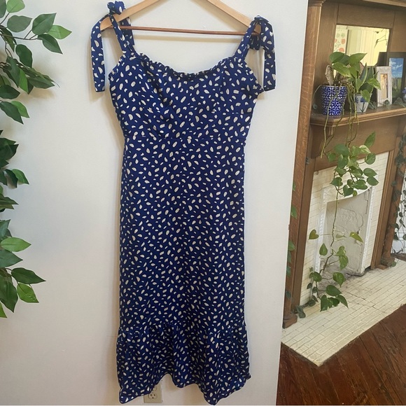 Blue and Cream Printed Midi Dress with Tie Straps - Picture 1 of 3